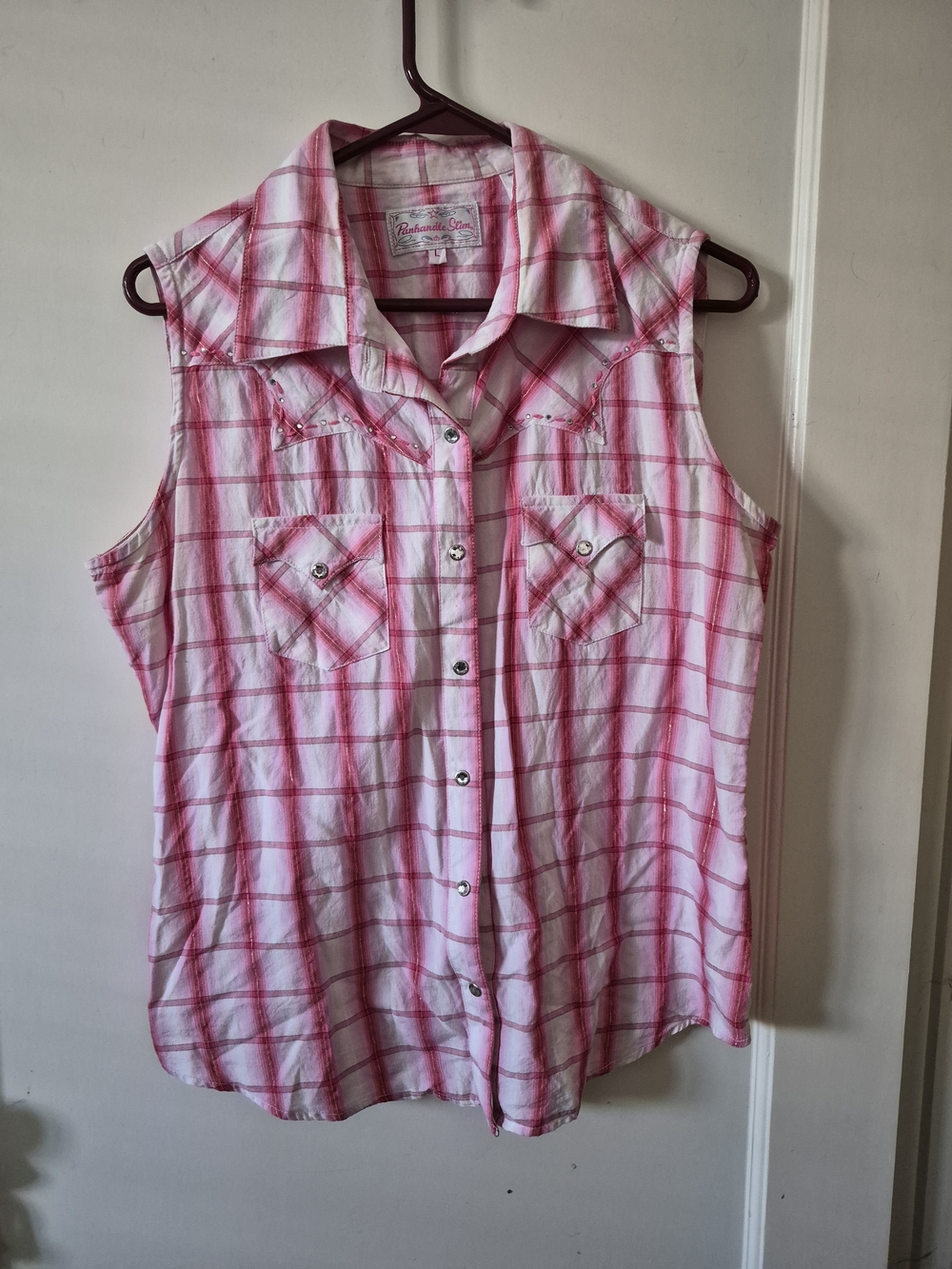 Panhandle Slim Pink Plaid Sleeveless Western Snap Shirt